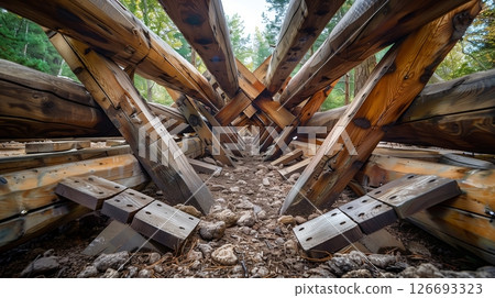 Lumber beams, domino-like, showcase nature's beauty and human ingenuity in a woodland wonder. 126693323