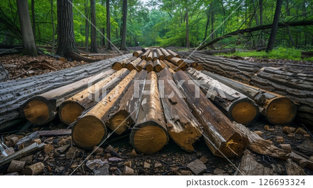 Lumber beams arranged like dominoes, creating a mesmerizing woodland spectacle of nature and craftsmanship. Lumber beams arranged like dominoes, creating a mesmerizing woodland spectacle of nature and craftsmanship. 126693324