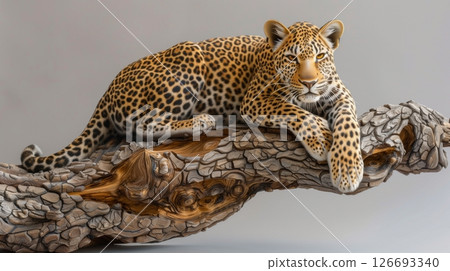 A detailed leopard sculpture captures the animal's elegance and power with lifelike features and craftsmanship. 126693340