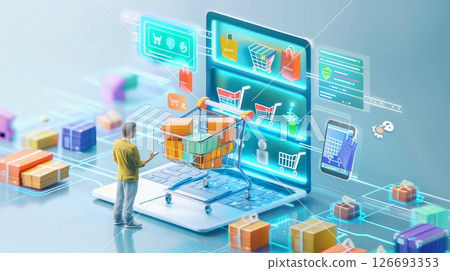 An economist explores e-commerce dynamics in a vibrant digital marketplace, reshaping consumer behaviors. 126693353