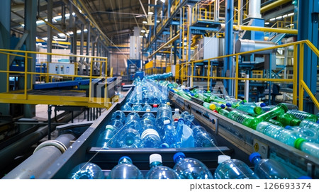 Recyclable plastic bottles are converted into new materials at an advanced, efficient recycling facility. Recyclable plastic bottles are converted into new materials at an advanced, efficient recycling facility. 126693374