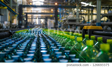 Plastic bottles are recycled at a modern facility, promoting sustainable waste management and reducing impact. Plastic bottles are recycled at a modern facility, promoting sustainable waste management and reducing impact. 126693375