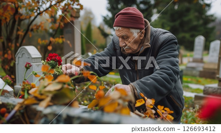 An elderly man visits a memorial park to honor memories and sacrifices with flowers. 126693412