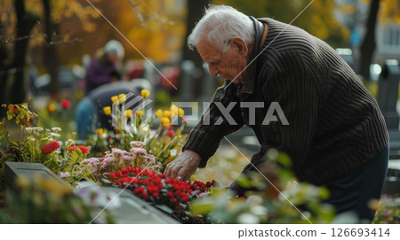 An elderly man visits a memorial park, places flowers at a monument, and reflects on his unforgettable past. 126693414