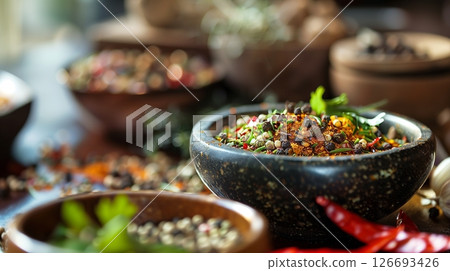 Spices and herbs enhance a gourmet dish's flavors, creating a nuanced, palate-awakening taste symphony. Spices and herbs enhance a gourmet dish's flavors, creating a nuanced, palate-awakening taste symphony. 126693426