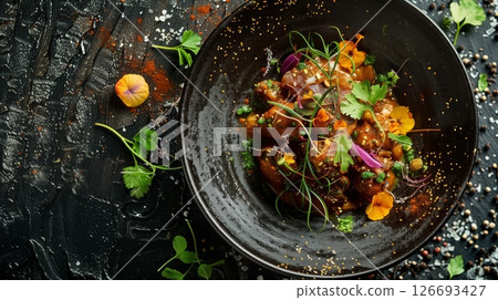 Spices and herbs elevate this gourmet dish, adding nuanced complexity and making each bite delightful. 126693427