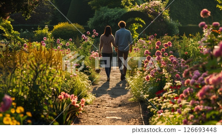 Couples stroll through blooming gardens, enveloped in summer flowers' scent and warm sunlight, exuding romance. 126693448