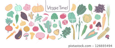 Isolated hand Drawn Vegetable Clipart Set on a transparent background. Soft Pastel Illustration Style. Green, orange, and pink colors. Isolated hand Drawn Vegetable Clipart Set on a transparent background. Soft Pastel Illustration Style. Green, orange, and pink colors. 126693494