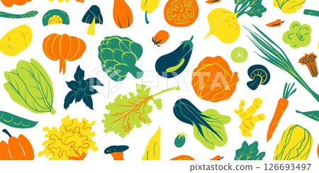 Seamless mixed vegetable pattern in minimal graphic illustration style, colorful vivid colors on a transparent background. Veggie Time! Series. Seamless mixed vegetable pattern in minimal graphic illustration style, colorful vivid colors on a transparent background. Veggie Time! Series. 126693497