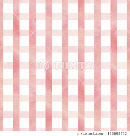 Pink checkered texture with paint and washes. Watercolor hand drawn illustration. Seamless pattern, repeating checkered ornament, simple, background, abstract, gentle and light. 126693532