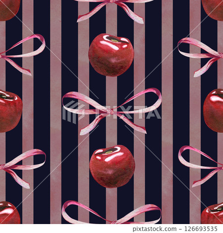 Red ripe cherries individual berries with bows. Watercolor hand drawn illustration on the theme of fruits, food and desserts. Seamless pattern, ornament on a dark blue background with pink stripes 126693535