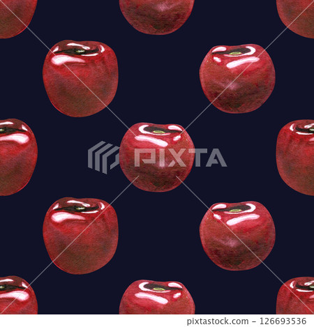 Red ripe cherries individual berries. Watercolor hand drawn illustration on the theme of fruits, food and desserts. Seamless pattern, ornament on a dark blue background, infinitely repeating 126693536