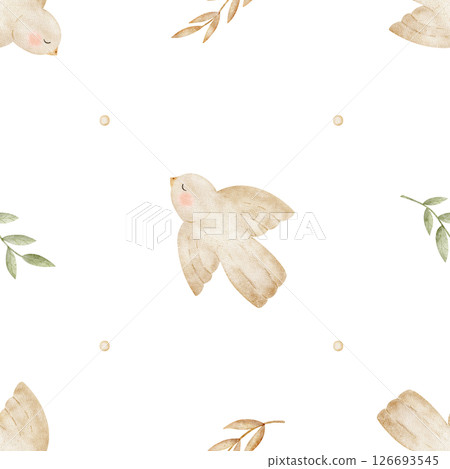 Pattern beige bird, green leaves, branches. Watercolor illustration hand drawn in children's style. Seamless print on isolated background for textile fabric, packaging, newborn clothes, tableware baby 126693545