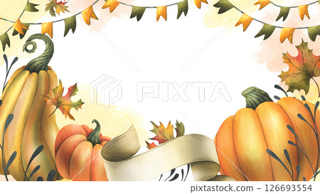 Orange autumn pumpkins with maple leaves, flags garland and twigs. Watercolor illustration, hand drawn. Horizontal frame, template for text rectangular isolated from background Thanksgiving, Harvest 126693554