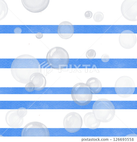 Seamless pattern with blue stripes and soap bubbles. Geometric abstract ornament. Marine style. Watercolor illustration without background. Hand drawing. High quality illustration 126693558