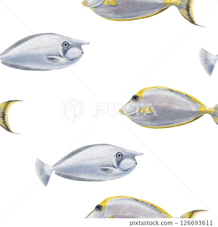 Seamless pattern with fish. Tropical rhinoceros fish with a long nose and yellow stripes. Simple ornament. Watercolor illustration without background. Realistic style. Hand drawing. Seamless pattern with fish. Tropical rhinoceros fish with a long nose and yellow stripes. Simple ornament. Watercolor illustration without background. Realistic style. Hand drawing. 126693611