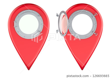 Red Map Pointer with Porthole Window. Open and Closed Views, 3D Rendering 126693665