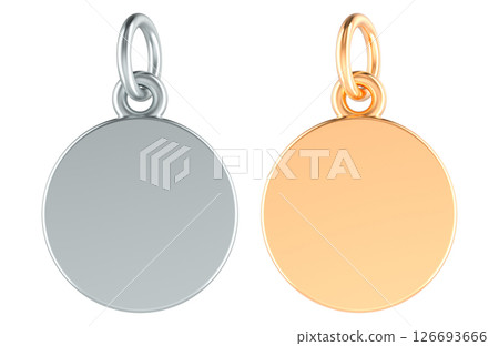 Round Pendant Charms, Gold and Silver. 3D Rendering Round Pendant Charms, Gold and Silver. 3D Rendering 126693666