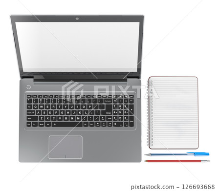 Top View of Workspace with Laptop, Spiral Notebook, Pen and Pencil. 3D Rendering isolated on white background 126693668