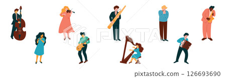 Man and Woman Play Different Musical Instrument Perform Concert in Orchestra Vector Set 126693690