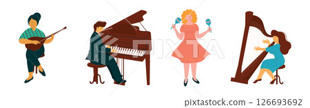 Man and Woman Play Different Musical Instrument Perform Concert in Orchestra Vector Set Man and Woman Play Different Musical Instrument Perform Concert in Orchestra Vector Set 126693692