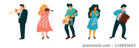Man and Woman Play Different Musical Instrument Perform Concert in Orchestra Vector Set Man and Woman Play Different Musical Instrument Perform Concert in Orchestra Vector Set 126693693
