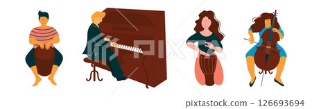 Man and Woman Play Different Musical Instrument Perform Concert in Orchestra Vector Set 126693694