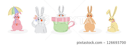 Funny Bunny Animal with Long Ears Vector Set Funny Bunny Animal with Long Ears Vector Set 126693700