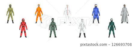 Protective Hazmat Suit of Employee of Disinfecting Services Vector Set 126693708