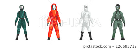 Protective Hazmat Suit of Employee of Disinfecting Services Vector Set 126693712
