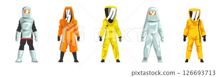 Protective Hazmat Suit of Employee of Disinfecting Services Vector Set 126693713