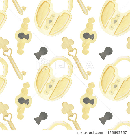 Fairy tale style watercolor hand-drawn seamless pattern of golden locks, keys, and keyholes. On white background. Perfect for children textiles, scrapbooking, wallpapers, or magical themed packaging 126693767