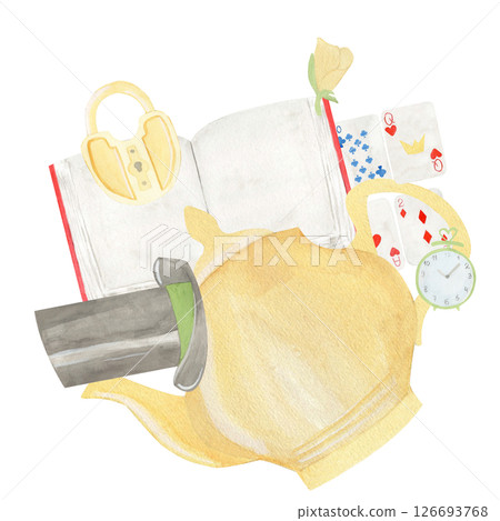 watercolor illustration a hand-drawn teapot, top hat, cards, book, clock, and padlock .Composition isolated from the background. Great for childrens stories, themed decor, or magical tea party invites 126693768