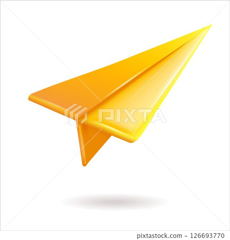 A yellow paper airplane flies in the air on a white background 126693770