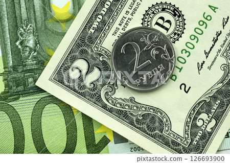 A coin of Russia with a value of 2 rubles, a bill of 2 dollars and 100 euros, A coin of Russia with a value of 2 rubles, a bill of 2 dollars and 100 euros, 126693900