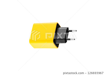 adapter for charger with USB and Type C connector, yellow, on isolated or white background adapter for charger with USB and Type C connector, yellow, on isolated or white background 126693967