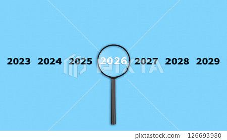 Lens, magnifying glass focusing on the year 2026 on a Blue background. Financial or stock market strategies and past and future events. Lens, magnifying glass focusing on the year 2026 on a Blue background. Financial or stock market strategies and past and future events. 126693980
