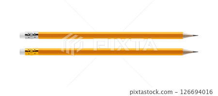 Close-up of two sharp yellow pencils with erasers on white backdrop. Ideal for education, stationery, or art supplies. 126694016