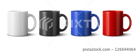 Vector 3d Realistic Coffee Mug Set for Branding and Mockup. Colorful Blank Ceramic Mugs Collection for Logo Design. Realistic Coffee Mug for Branding, Presentations 126694064