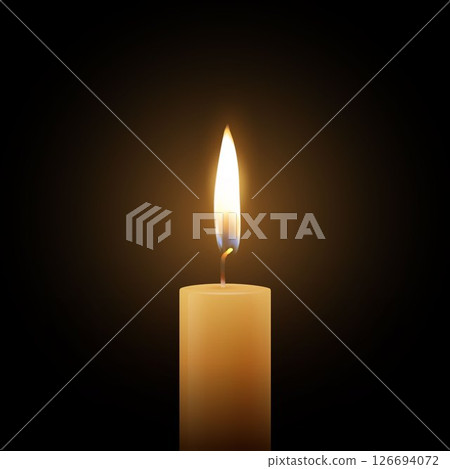 Realistic Vector Candle Flame Clipart on Black Background. Single Wax Pillar Candle with Soft Warm Glow and Flickering Flame, Ambient Lighting Design Template for Web, Print, Logo Design 126694072