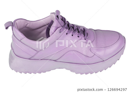 Stylish beige sneaker with shoelaces on white background Stylish beige sneaker with shoelaces on white background 126694297