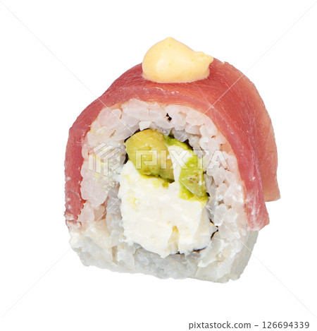 Classic sushi roll. Sushi on a white background. Japanese sushi seafood roll white background. Isolated. 126694339