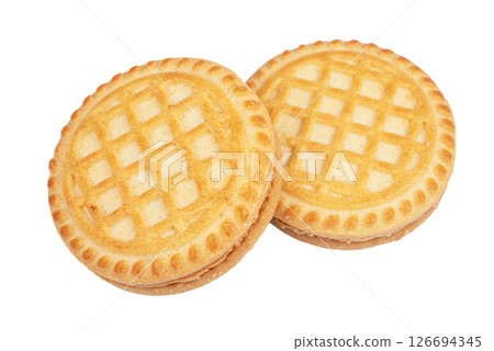 Tasty sandwich cookies with cream isolated on white 126694345