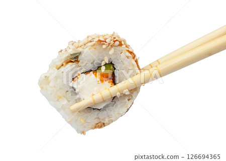 Wooden chopsticks with sushi roll isolated on white background Wooden chopsticks with sushi roll isolated on white background 126694365