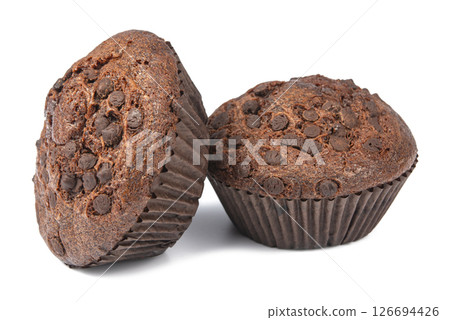 Chocolate muffin in paper baking cup isolated on white background 126694426