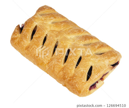 Puff pastry with jam isolated on white background. Close-up 126694510