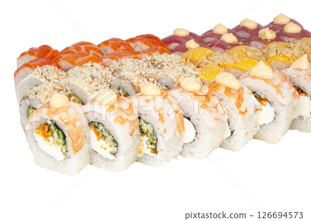 Delicious food from Japan is very popular and desirable nowadays. Nice sushi set with eel, cucumber and caviar. Isolated. 126694573