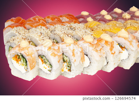 Delicious food from Japan is very popular and desirable nowadays. Nice sushi set with eel, cucumber and caviar. Isolated. 126694574