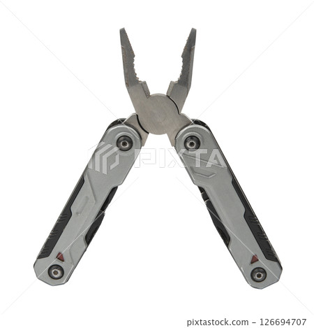 Folded multitool isolated on white background in top view. Daily practice tool. All-in-one. Improved construction tools. Construction and Repair. Compact and portable product. Secure form. Folded multitool isolated on white background in top view. Daily practice tool. All-in-one. Improved construction tools. Construction and Repair. Compact and portable product. Secure form. 126694707