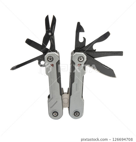 Multitool multi function tool hovers on white background isolation Multitool multi function tool hovers on white background isolation 126694708